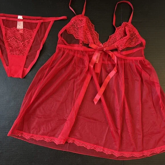 Victoria's Secret 38DDD BRA SET panty+XXL BABYDOLL+XL TEDDY BODYSUIT RED lace Bras